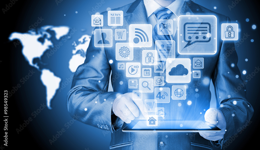 Business man using tablet PC with social media icon set Business man using tablet PC with social media icon set
