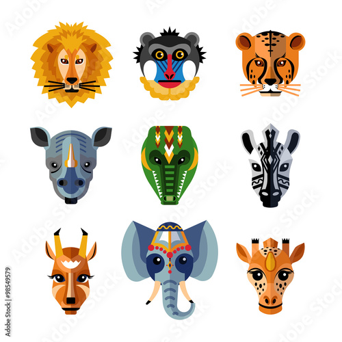  African Animals Heads Masks Flat Icons 