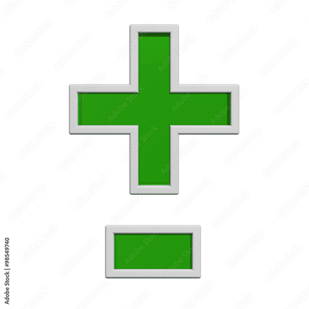 Fototapeta premium Hyphen, minus, plus marks from green glass with white frame alphabet set, isolated on white. Computer generated 3D photo rendering.