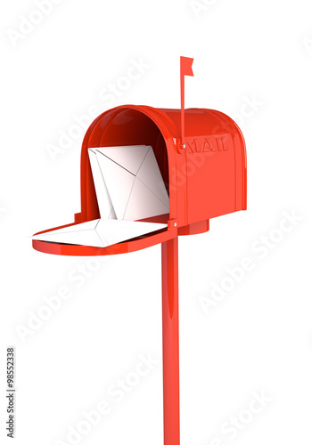 Open red mailbox with letters on white background. 3D illustrati
