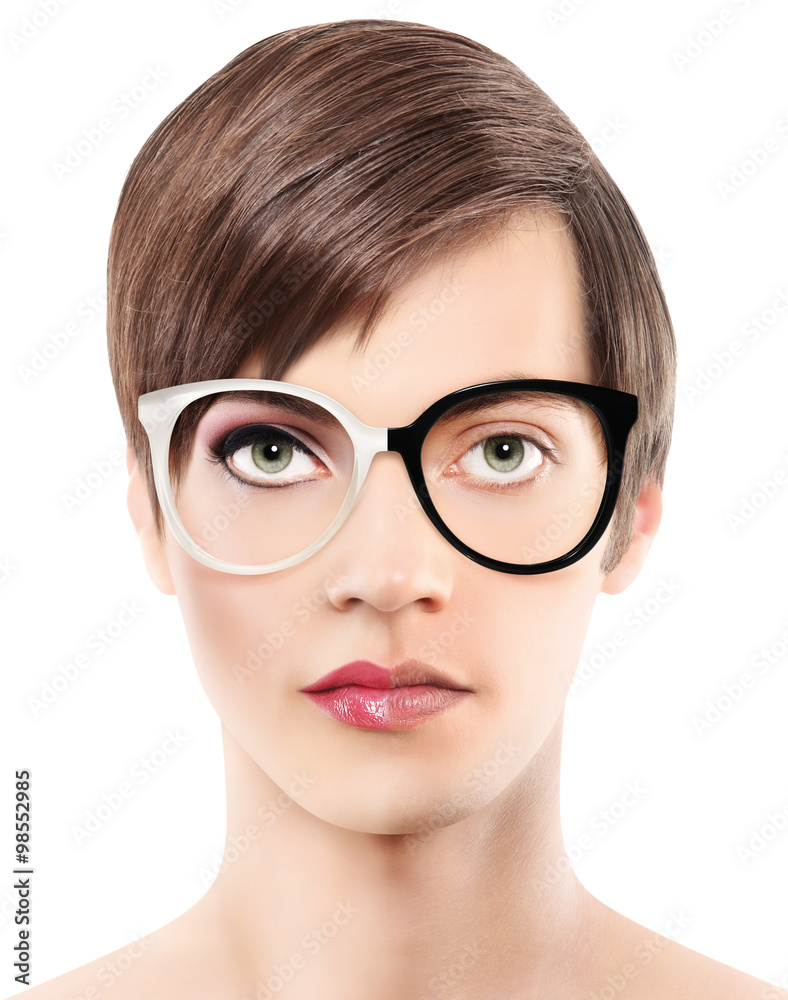Eyewear glasses half man half woman portrait, wear spectacles