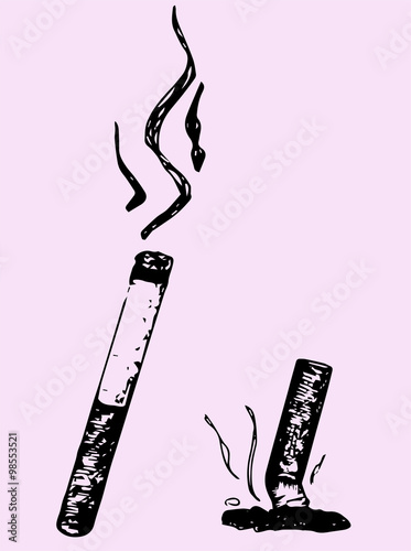 Lit cigarette and extinguished cigarette isolated on pink background