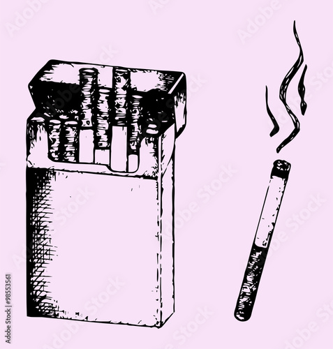 Pack of the cigarettes and lit cigarette with smoke isolated on pink background