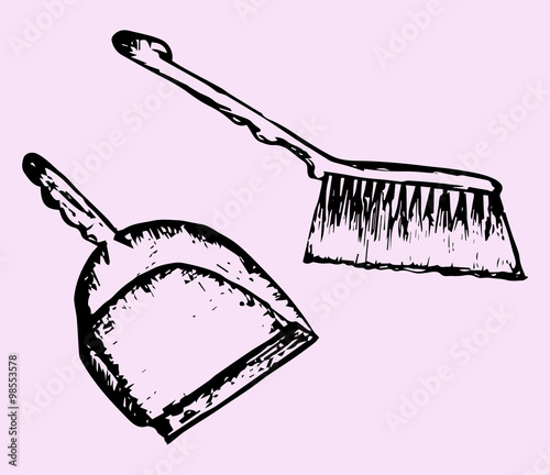 dustpan and sweeping brush, doodle style, sketch illustration
