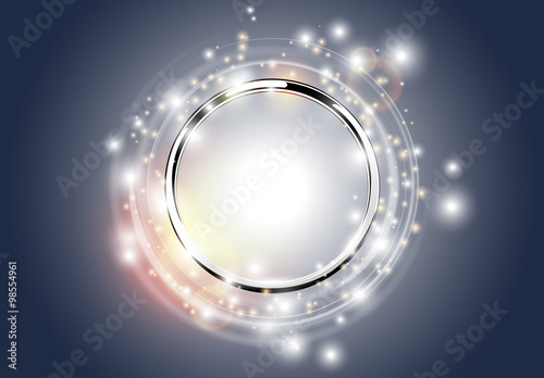 Abstract silver background. Metal chrome ring with light circles and spark with light effect. Vector sparkling glowing round frame on dark. Space for your message.