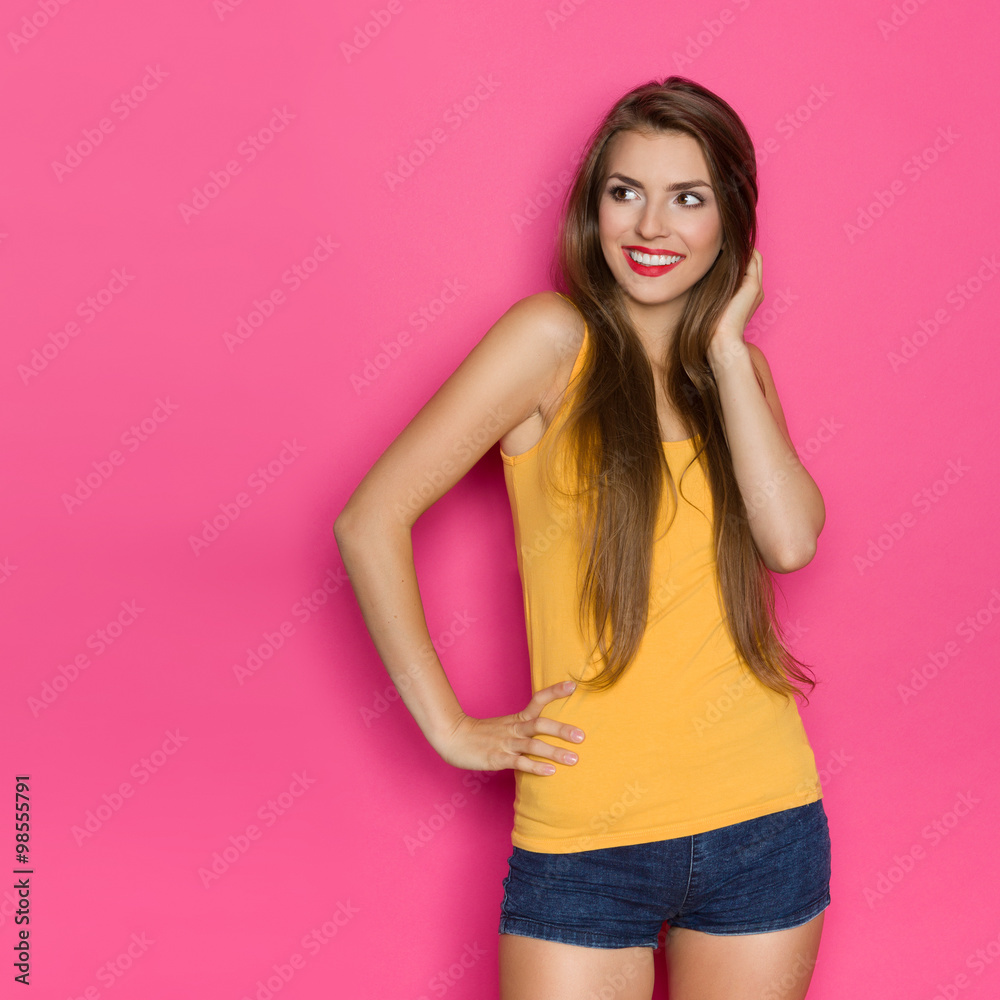 Smiling Girl And Pink Copy Space Smiling Girl And Pink Copy Space