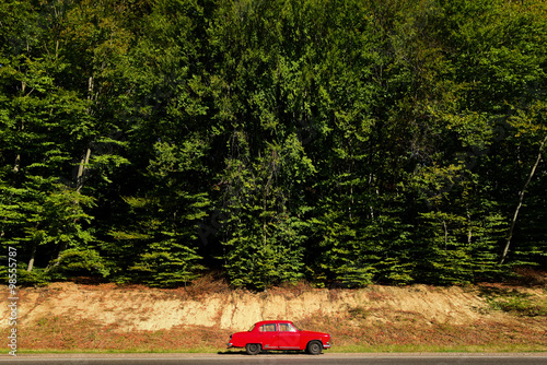 stylish retro red car near amazing green forest, transport for w
