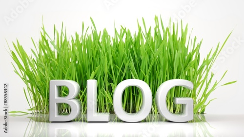 Green grass with Blog 3D text, isolated on white background.