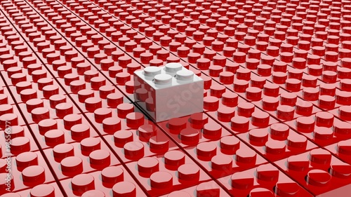 Connected red blocks with one white standing out, abstract background.