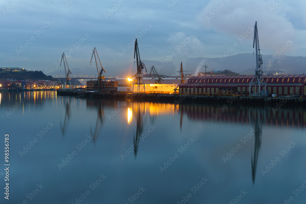 Fototapeta premium Sestao cranes from Erandio at night