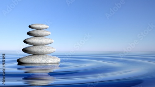 Zen stones stack from large to small  in water with circular waves and blue sky. #98556918