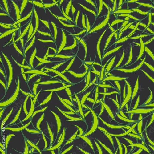 Natural leaves vector seamless pattern. Hand drawn tree branches. Ink doodle botanical print. Green garden on dark background.