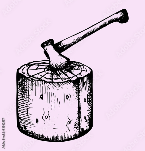 axe and log, doodle style, sketch illustration