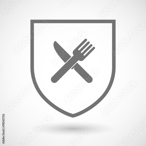 Line art shield icon with a knife and a fork