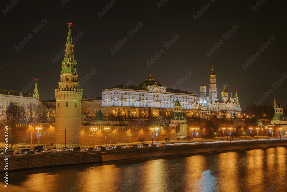 Kremlin embankment, Kremlin Wall, Grand Kremlin Palace. Night winter shot