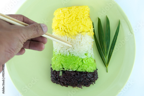 colorful stricky rice with Leaf decoration photo