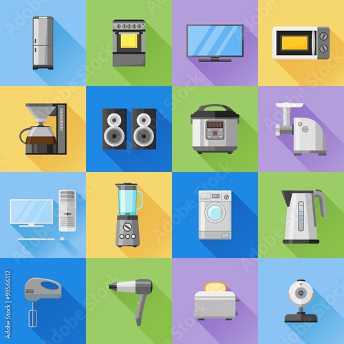 Set of home, household, kitchen appliances icons. Flat style vector illustration.