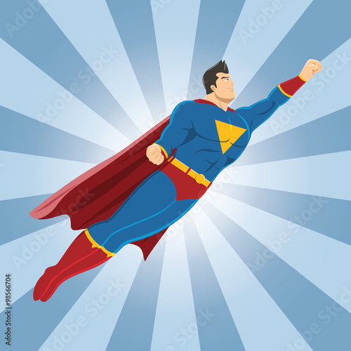 Flying superhero with clenched fist. Superhero in action.