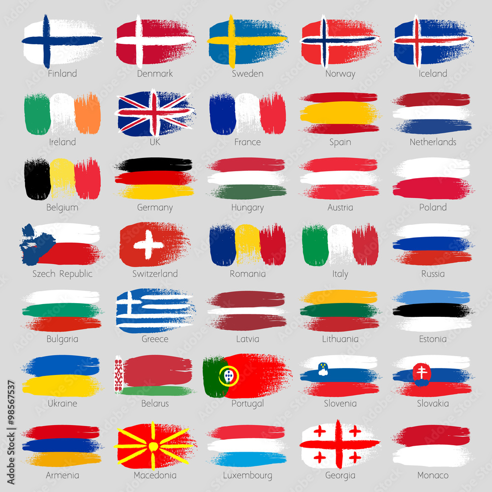 Fototapeta premium Colorful brush strokes painted european countries flags set.