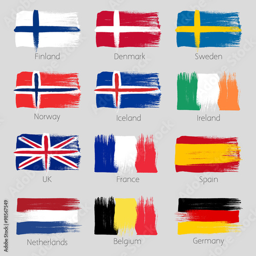 Colorful brush strokes painted european countries flags set.