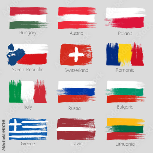 Colorful brush strokes painted european countries flags set.