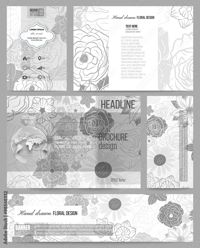 Fototapeta premium Zestaw szablonów biznesowych do prezentacji, broszury, ulotki, banera lub broszury. Ręcznie rysowane kwiatowy doodle wzór, streszczenie tło wektor