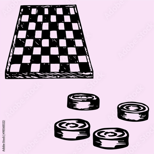 checkers and Checkers board, doodle style, sketch illustration