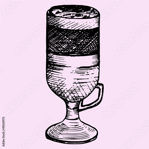 latte macchiato in glass cup , doodle style, sketch illustration