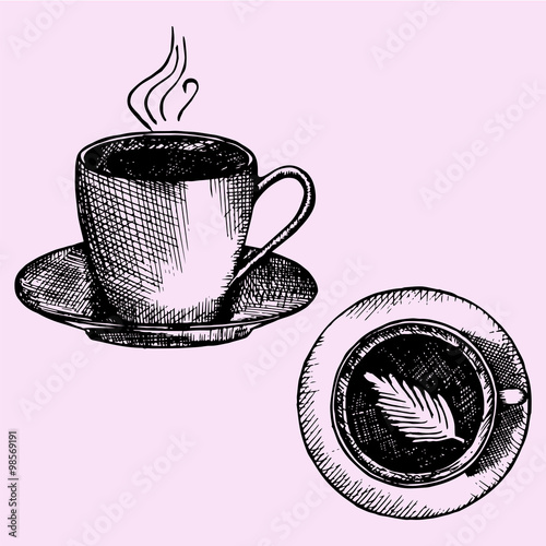 set coffee in coffee cup, doodle style, sketch illustration, hand drawn, vector