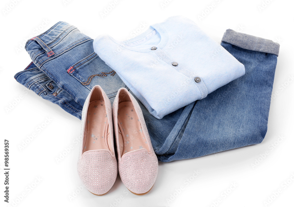 Blue jeans and jacket with shiny pink shoes isolated on white