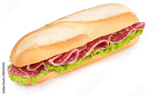 salami and lettuce sub isolated on white