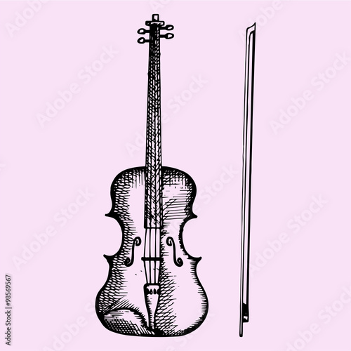 Violin and bow, doodle style, sketch illustration, hand drawn, vector