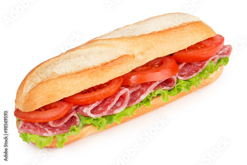 salami and tomato sandwich isolated on white