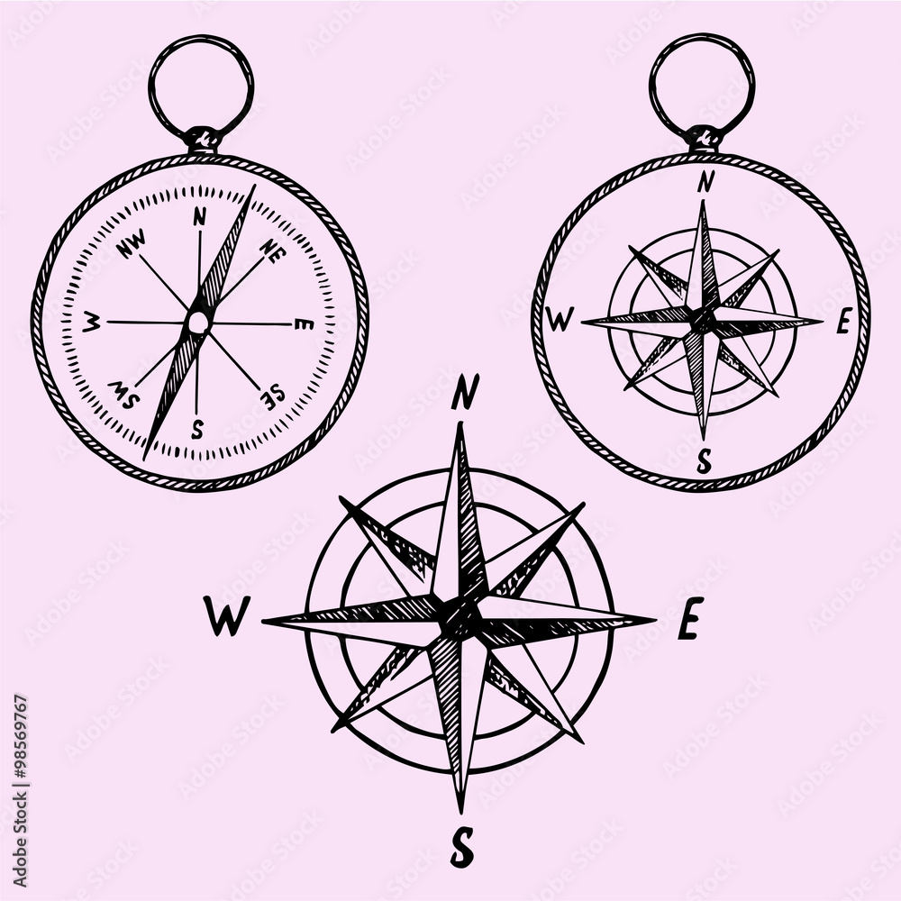 Obraz premium set of the compass, doodle style, sketch illustration, hand drawn, vector