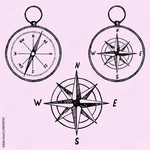 set of the compass, doodle style, sketch illustration, hand drawn, vector