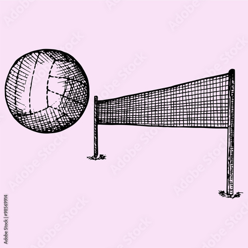 Volleyball ball and volleyball net, set, doodle style, sketch illustration, hand drawn, vector