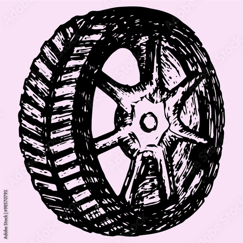 Car wheel, tire, doodle style, sketch illustration, hand drawn, vector