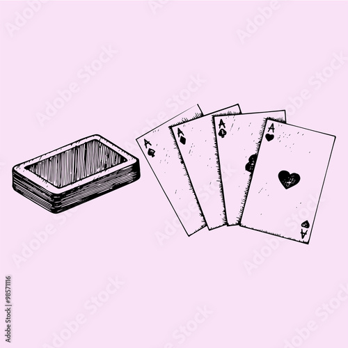 Four aces, deck of poker, playing cards, doodle style, sketch illustration, hand drawn, vector
