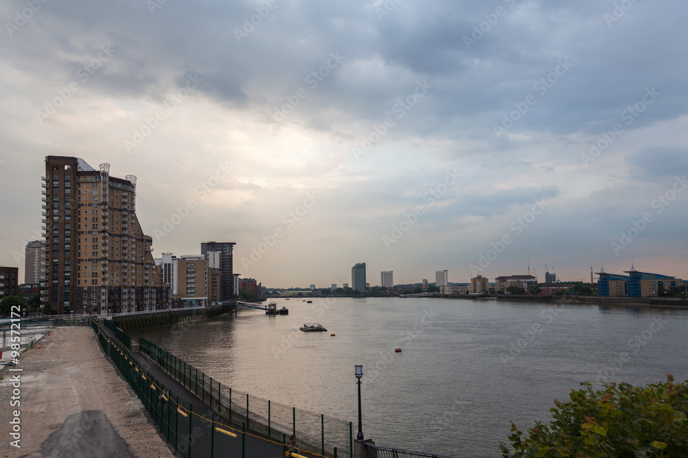 View across the River Thames from Canary Wharf and Docklands, London
