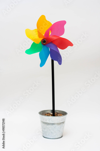 Rainbow windmill on a stick in a pot-