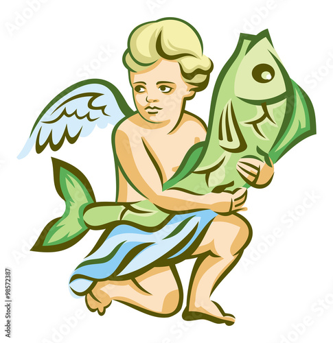 Image of the angel holds a big fish 