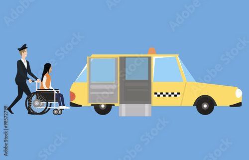 Wheelchair accessible transport with taxi, driver and disabled person