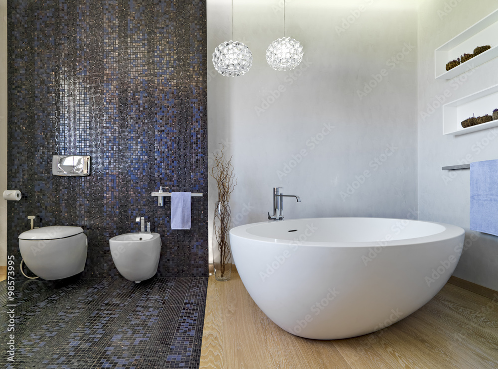 custom made wallpaper toronto digitalinterior view of a modern bathroom with wood floor in foreground the bathtub and whose walls are coated of mosaic tiles