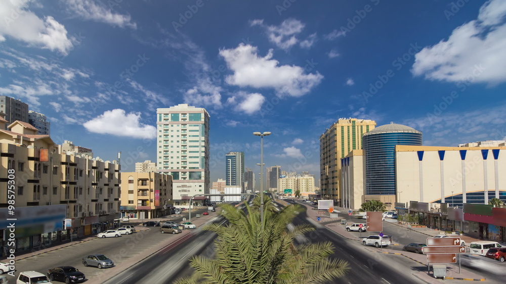 Cityscape of Ajman from bridge at day timelapse. Ajman is the capital of the emirate of Ajman in the United Arab Emirates. Cityscape of Ajman from bridge at day timelapse. Ajman is the capital of the emirate of Ajman in the United Arab Emirates.