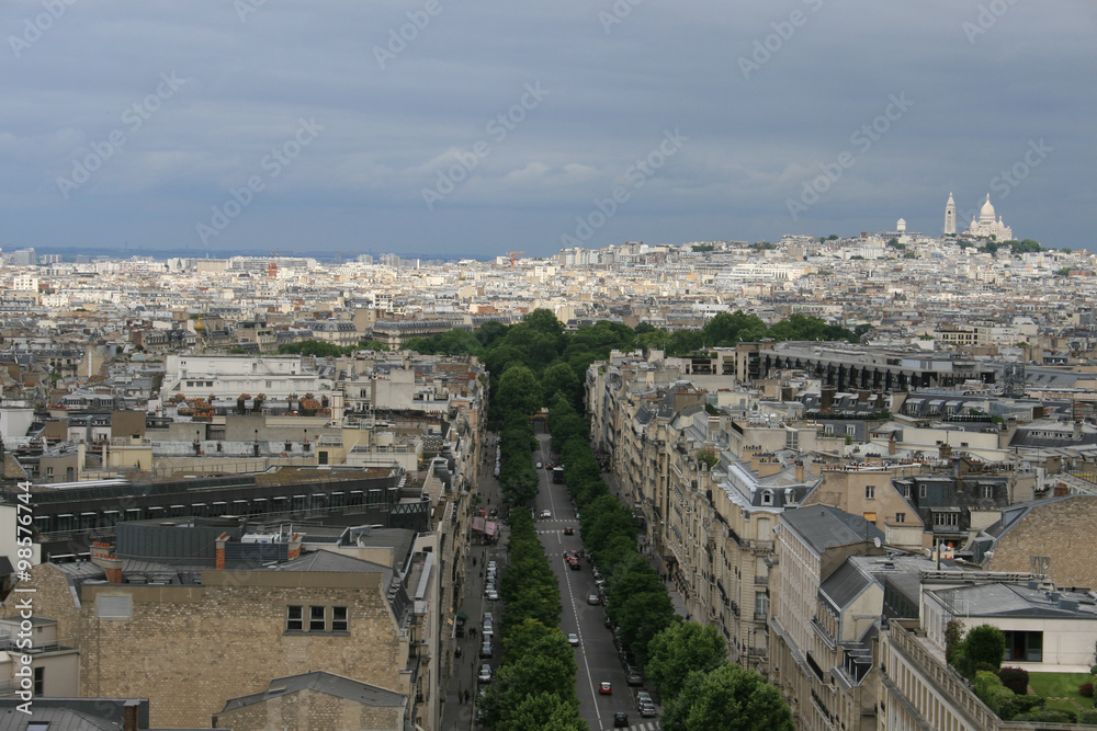 Looking towards the Sacre Coeur, view from the top of the Arc de Triomphe, Paris, France