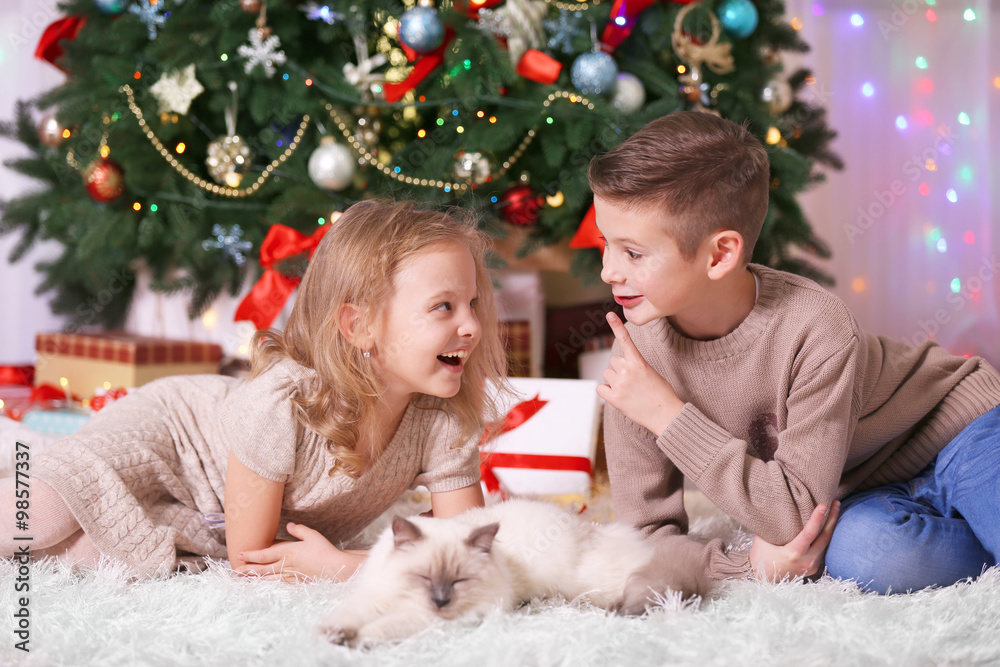 Children and sleeping cat in the decorated Christmas room Children and sleeping cat in the decorated Christmas room