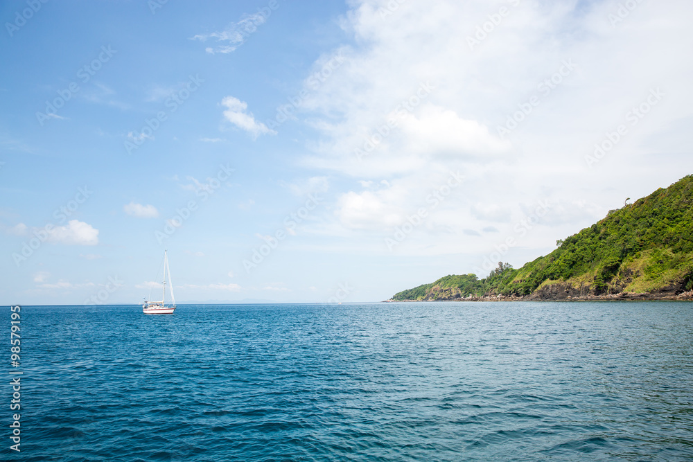 View of Maya Bay, Phi Phi island, Thailand, Phuket. Seascape of tropical island with resorts -  Krabi Province