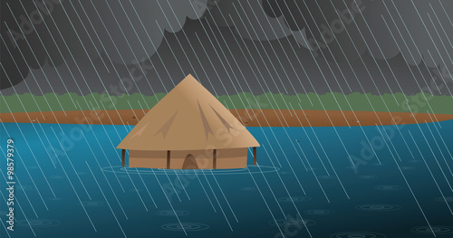 cartoon vector illustration of a flooded African village

