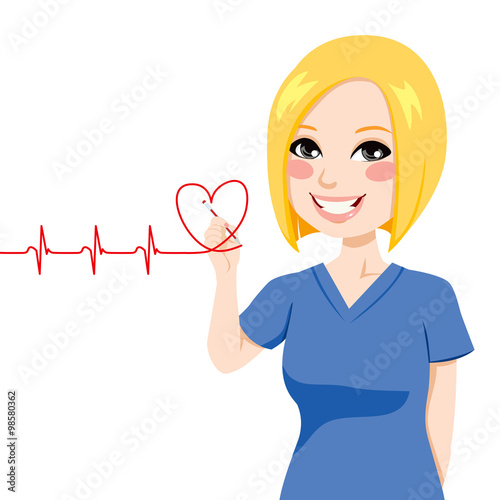 Nurse drawing a red heart electrocardiogram with pen on virtual screen 