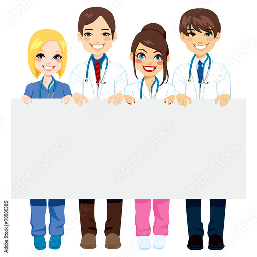 Group medical workers of doctors and nurses holding a blank billboard